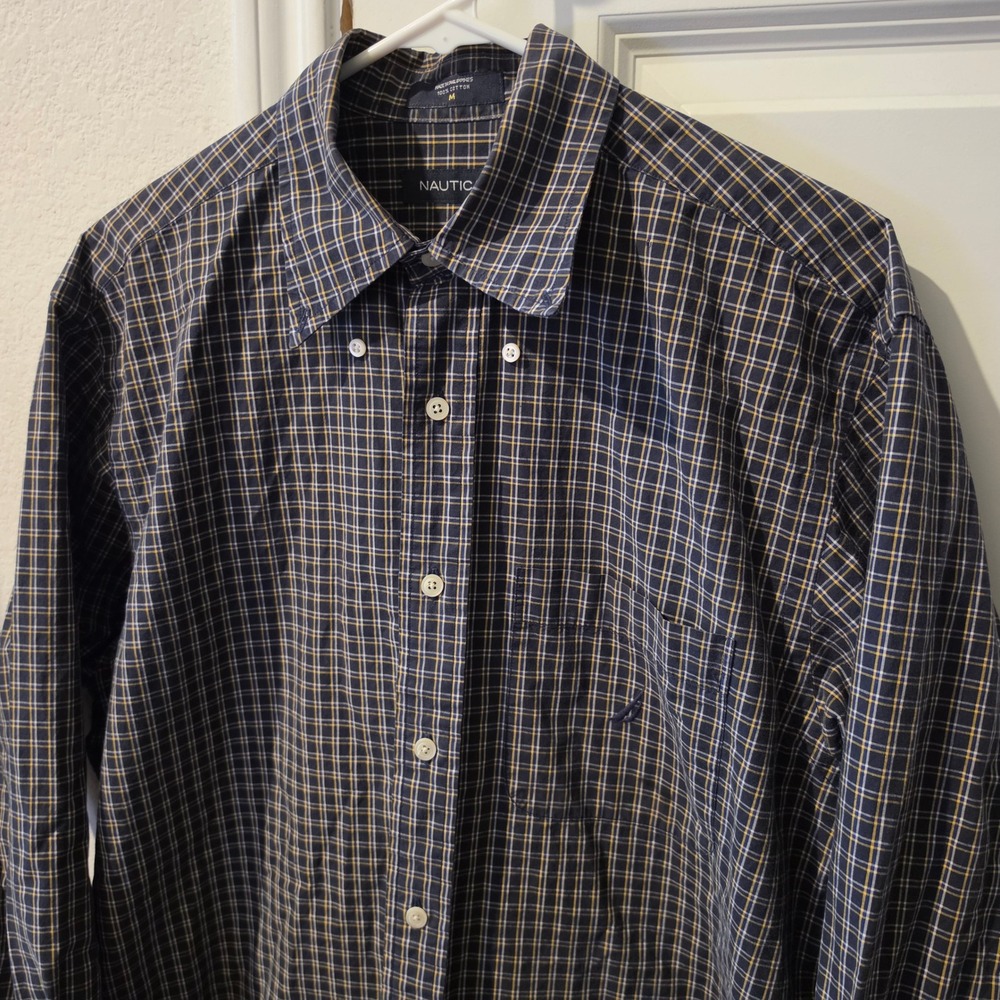 Nautica Mens Medium Navy Blue Yellow Plaid Cotton Long Sleeve Button Down Shirt
